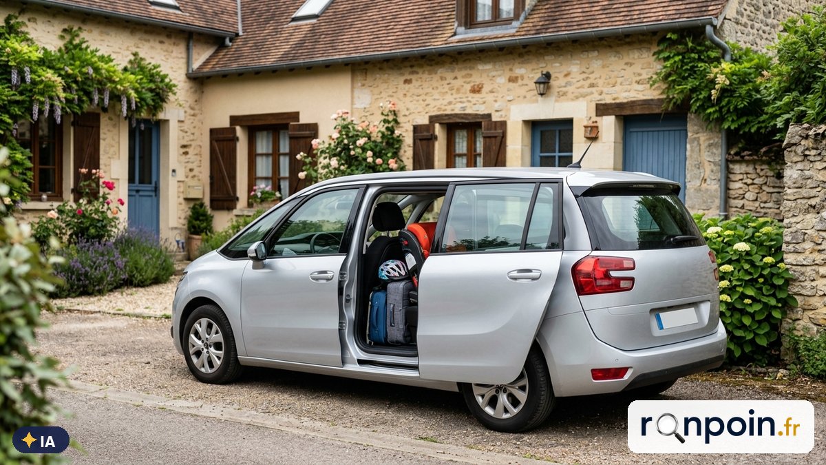 Image générée par intelligence artificielle Monospace gris porte coulissante ouverte avec un siège enfant et des bagages — illustration générée par IA