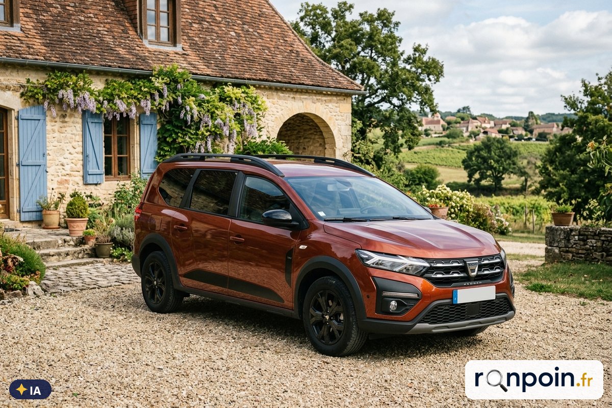 Image générée par intelligence artificielle Dacia Jogger terracotta de trois quarts avant — illustration générée par IA