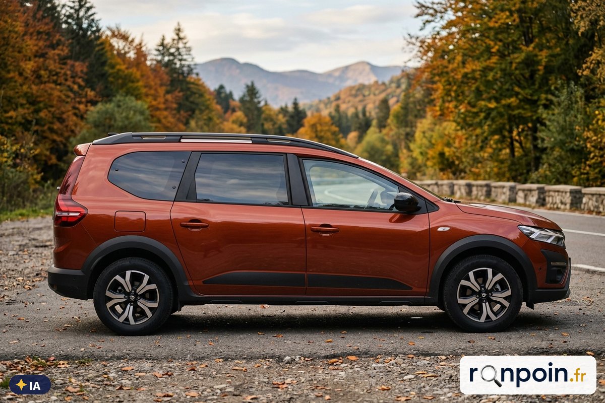 Dacia Jogger terracotta de profil, toit surélevé — illustration générée par IA